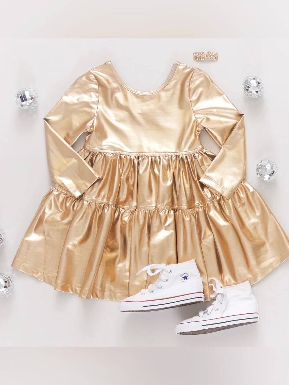 Pink Chicken Polly Metallic Gold Làme Long-Sleeve Tiered Dress Size 6